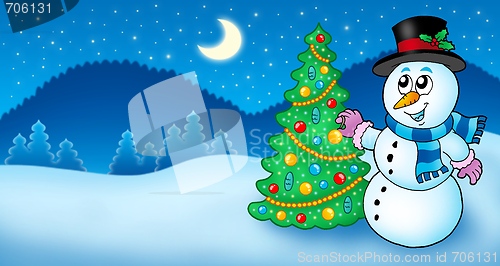 Image of Winter landscape with snowman and tree