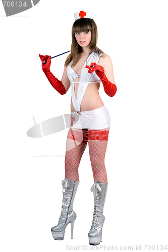 Image of Pretty sexy nurse with a stethoscope. Isolated
