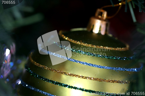 Image of Christmas ornaments on tree.