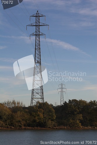 Image of Electricity pylons over river