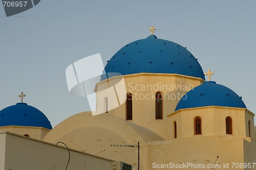 Image of A blue church in Perissa city, Santorini island, Greece
