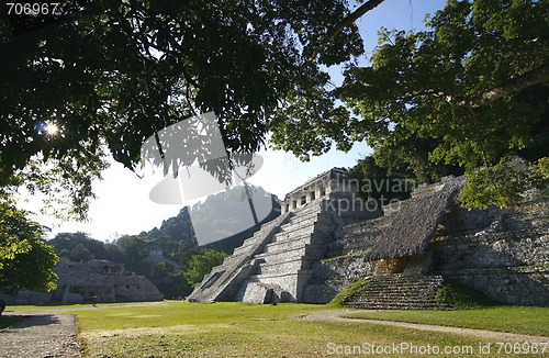 Image of Temple of Inscriptions. Ruins of ancient Mayan city in Palenque,
