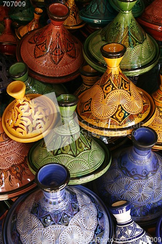 Image of Selection of very colorful Moroccan tajines (traditional cassero