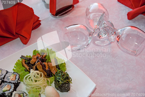 Image of sushi set plate and vine glass 
