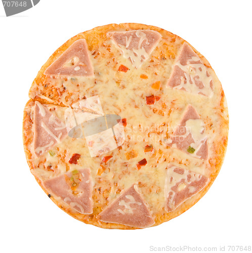 Image of pizza with ham, cheese, pepper