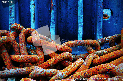 Image of Red chains and blue wall.
