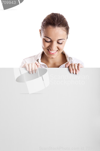 Image of Woman holding a billboard