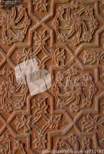 Image of Stone carvings on the temple wall. Fatehpur Sikri, India