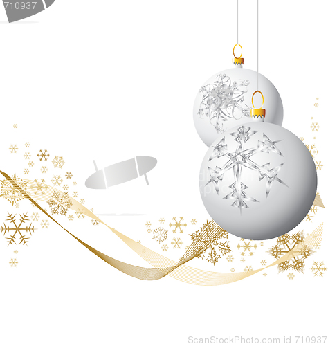 Image of White Christmas bulbs with golden snowflakes on white background