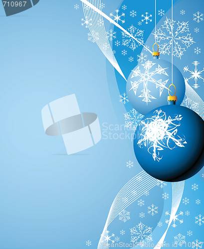 Image of Christmas bulbs with snowflakes on blue background