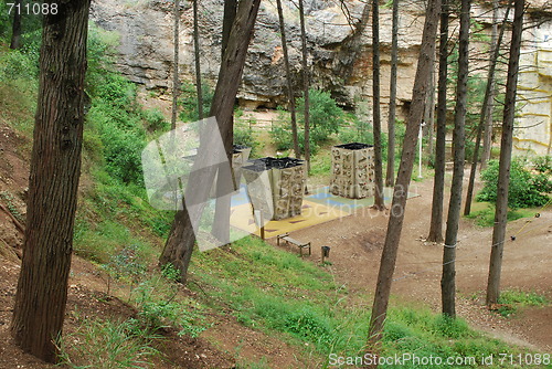 Image of Up view to climbing walls on a park