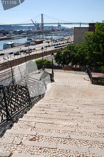 Image of Cityscape view of April 25th bridge in Lisbon, Portugal