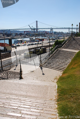 Image of Cityscape view of April 25th bridge in Lisbon, Portugal
