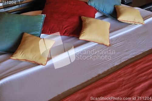 Image of Colorful interior detail of a luxury hotel bedroom