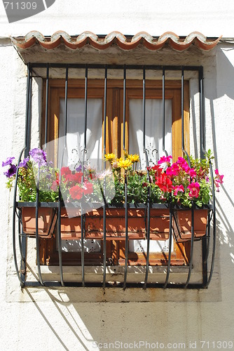 Image of Typical window balcony with flowers in Lisbon