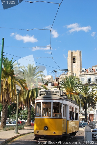 Image of Cityscape of Lisbon city with Sé Cathedral and Yellow Tram