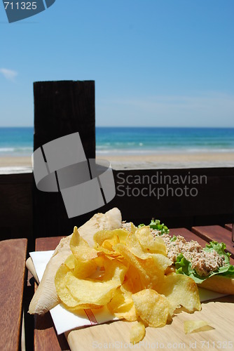 Image of Tuna sandwich with beach front