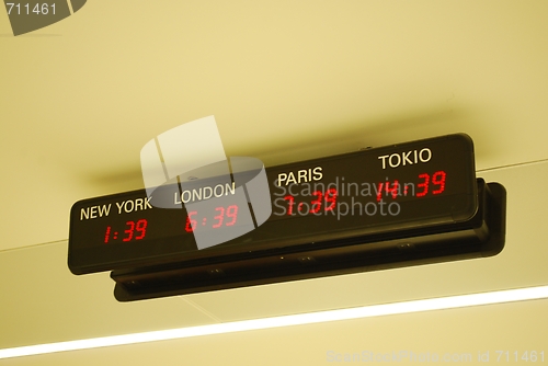 Image of Timezone clocks at a international airport