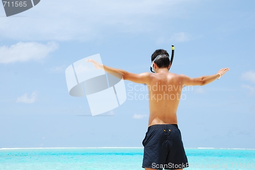 Image of Young man ready to go snorkeling (wide open arms)