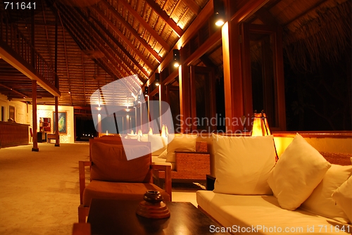 Image of Resort hotel reception and lounge in a tropical island (night)