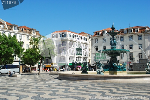 Image of Famous square and fountain in Lisbons downtown, Portugal