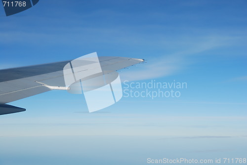 Image of Airplane wing view (blue sky)