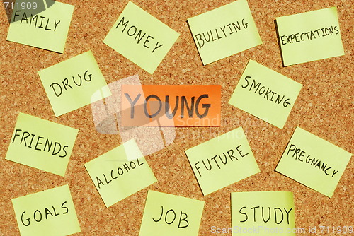 Image of Young concerns on a cork board