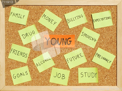 Image of Young concerns on a cork board