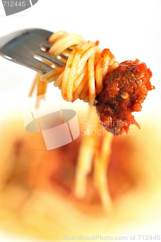 Image of Fork with spaghetti and meatball