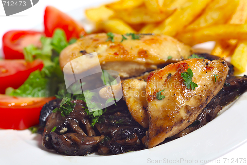 Image of Chicken breasts on mushrooms angled
