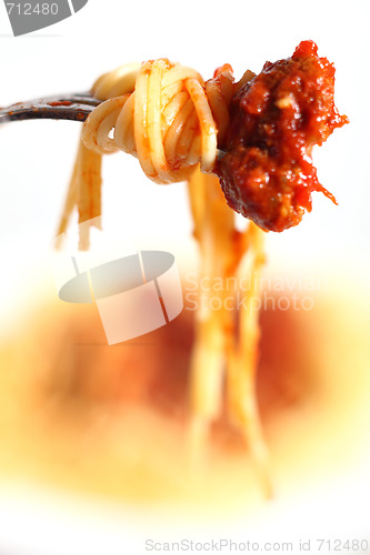 Image of Spaghetti and a meatball on a fork vertical