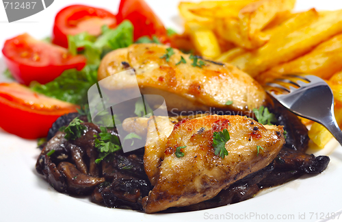 Image of Chicken breast on a bed of fried mushrooms