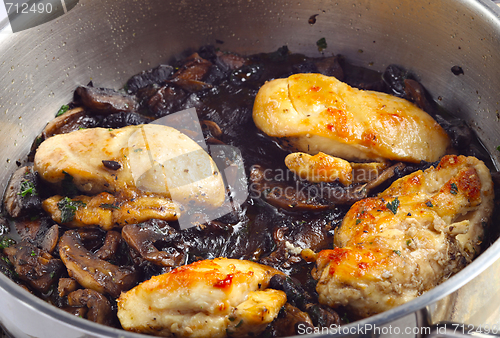 Image of Chicken breasts cooking with mushrooms