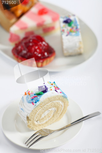 Image of Sponge roll cake and fork