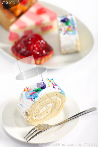 Image of Sponge roll cake and fork