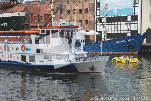 Image of Europe, Poland, Pomerania, Gdansk. Town view from Stara Motlawa River, morning