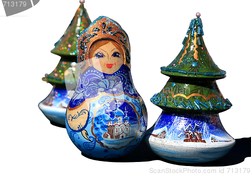 Image of Snow Maiden among New Year trees. Nested dolls