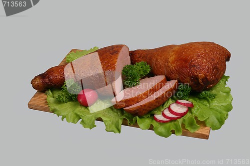 Image of Smoked chicken on wooden board.
