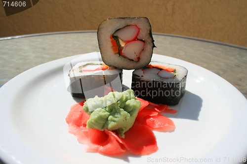 Image of Sushi next to Wasabi and Sushi Ginger