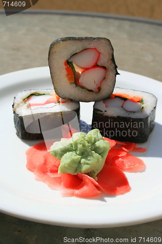 Image of Sushi next to Wasabi and Sushi Ginger