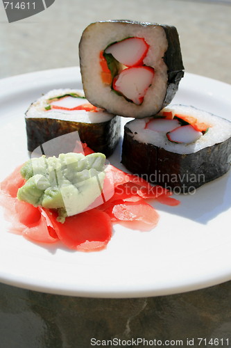 Image of Sushi next to Wasabi and Sushi Ginger