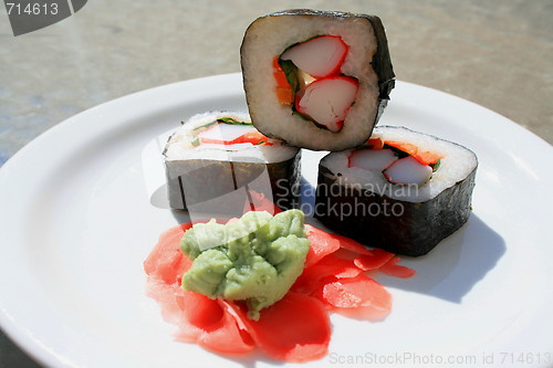 Image of Sushi next to Wasabi and Sushi Ginger