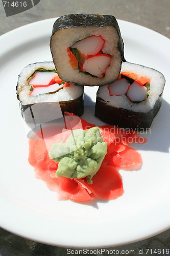 Image of Sushi next to Wasabi and Sushi Ginger