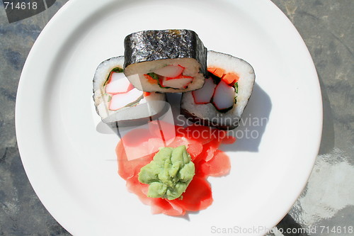 Image of Sushi next to Wasabi and Sushi Ginger