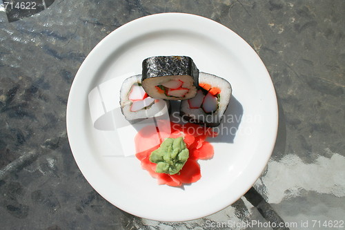 Image of Sushi next to Wasabi and Sushi Ginger