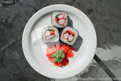 Image of Sushi next to Wasabi and Sushi Ginger