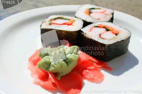 Image of Sushi next to Wasabi and Sushi Ginger