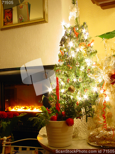 Image of Christmas tree and fireplace.