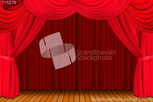 Image of Stage with closed red curtain