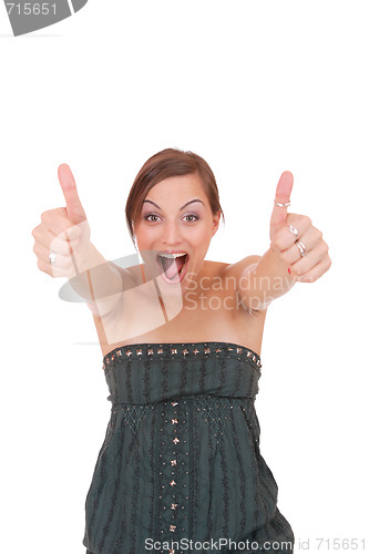Image of beautiful young woman showing thumbs up sign